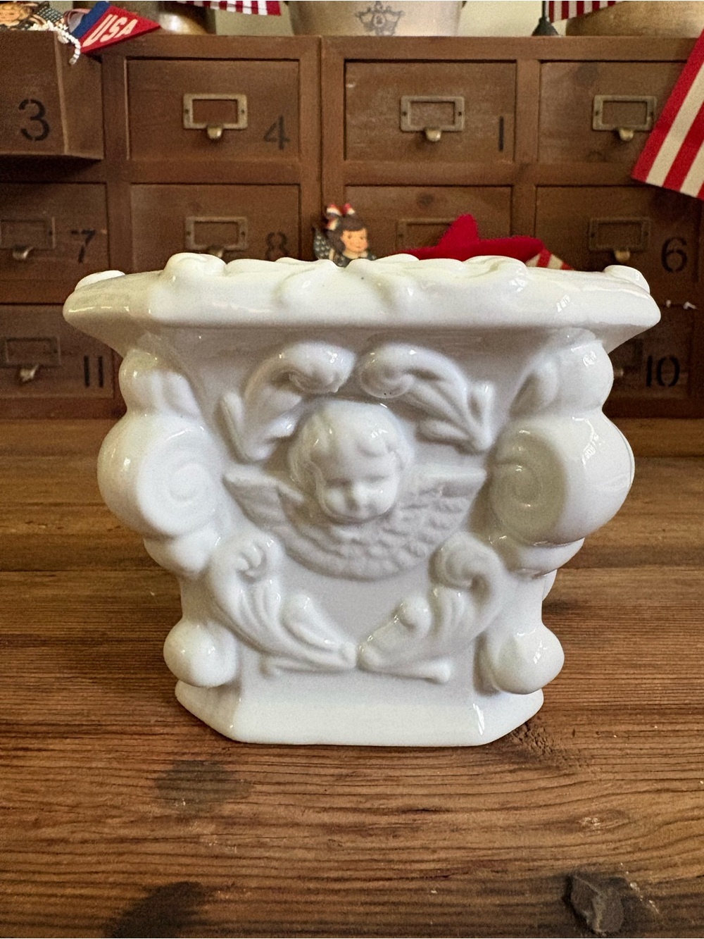 White Embossed Ceramic Planter with Cherub Motif